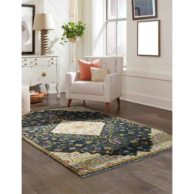 Linon Logan Gazia Polyester 5' X 7' Area Rug in Black and Ivory