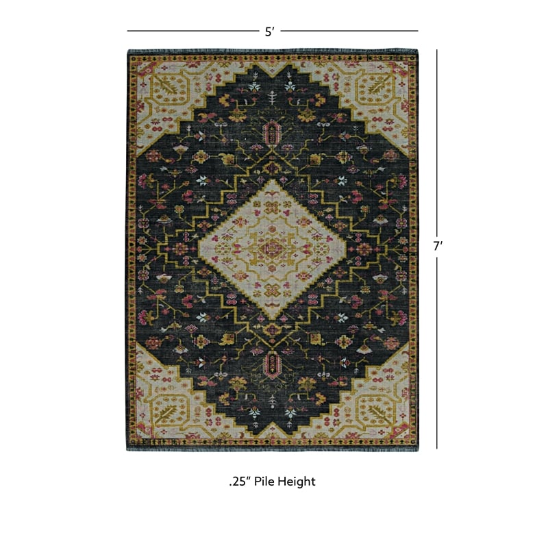 Linon Logan Gazia Polyester 5' X 7' Area Rug in Black and Ivory
