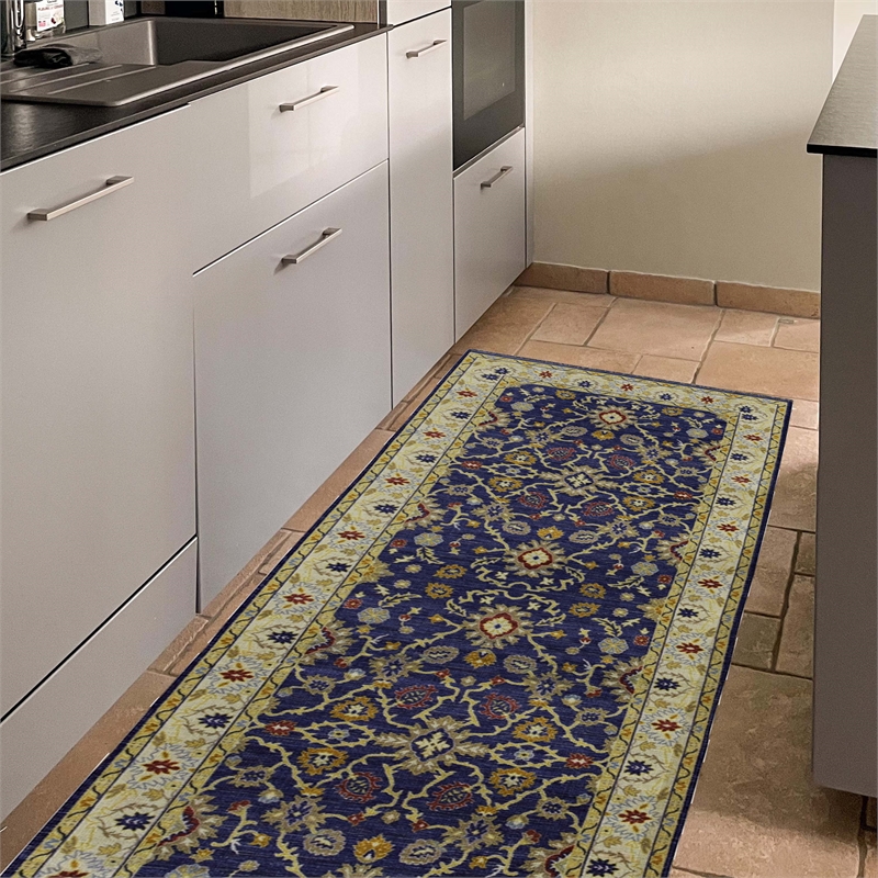 Linon Logan Marmara Polyester 2' X 10' Runner Rug in Navy and Ivory