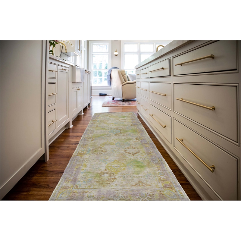 Linon Logan Mersin Polyester 2' X 10' Runner Rug in Lilac and Green