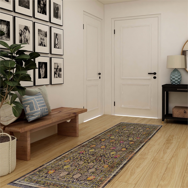Linon Logan Malaya Polyester 2' X 10' Runner Rug in Black and Green