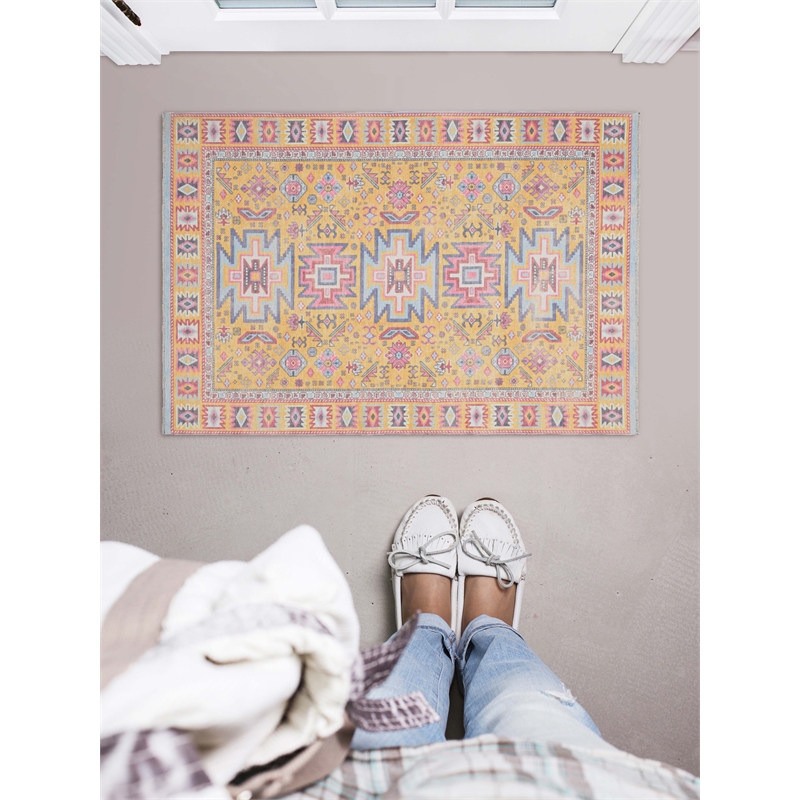 Linon Logan Sivas Polyester 2' X 3' Accent Rug in Yellow and Ivory