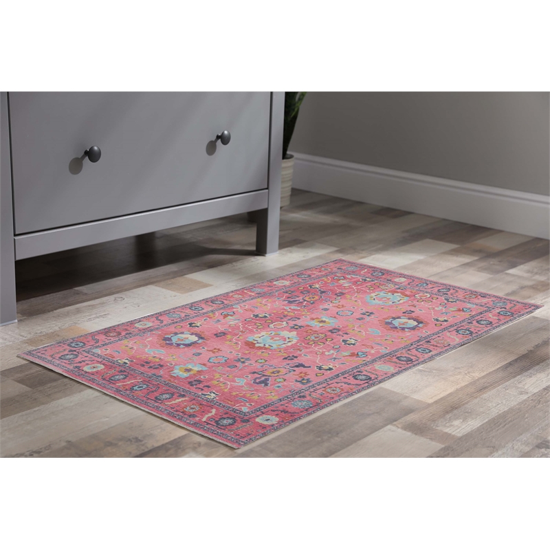 Linon Logan Aydin Polyester 2' X 3' Accent Rug in Pink and Blue
