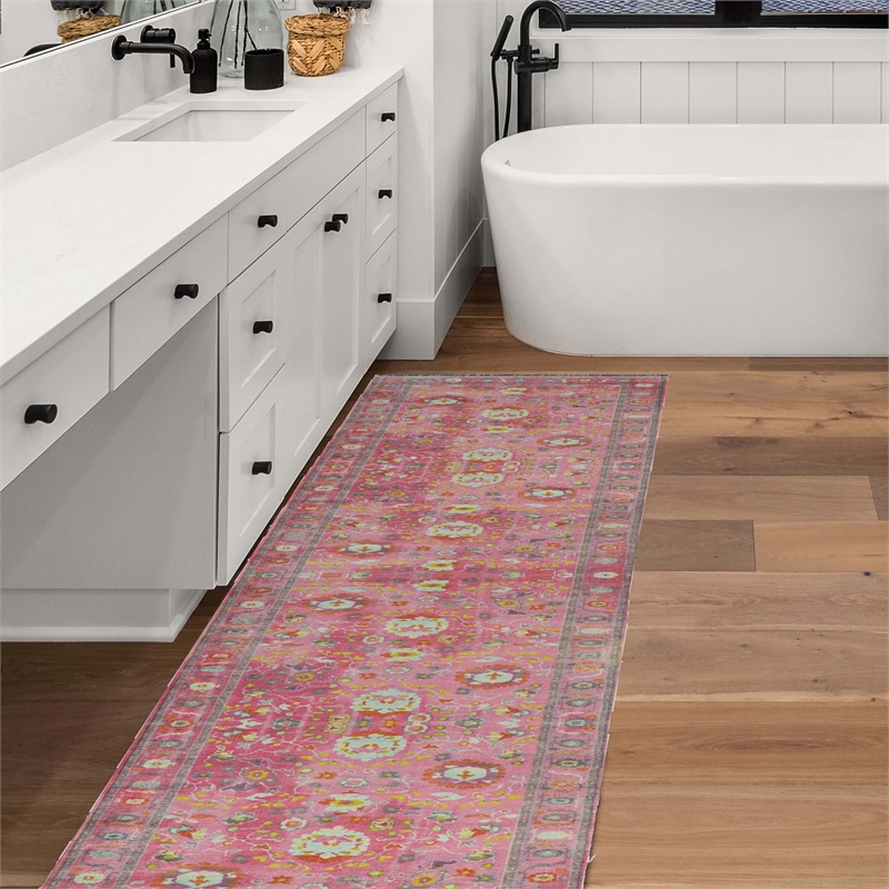 Linon Logan Aydin Polyester 2' X 10' Runner Rug in Pink and Blue
