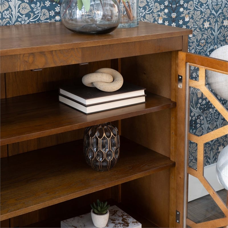 Linon Betty Large Storage Cabinet Decorative Glass Doors in Brown Stained Wood