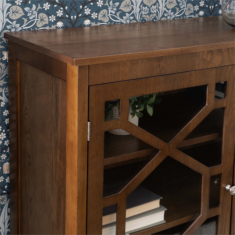 Linon Betty Large Storage Cabinet Decorative Glass Doors in Brown Stained Wood