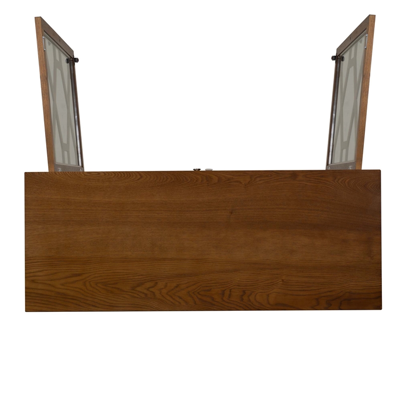 Linon Betty Large Storage Cabinet Decorative Glass Doors in Brown Stained Wood