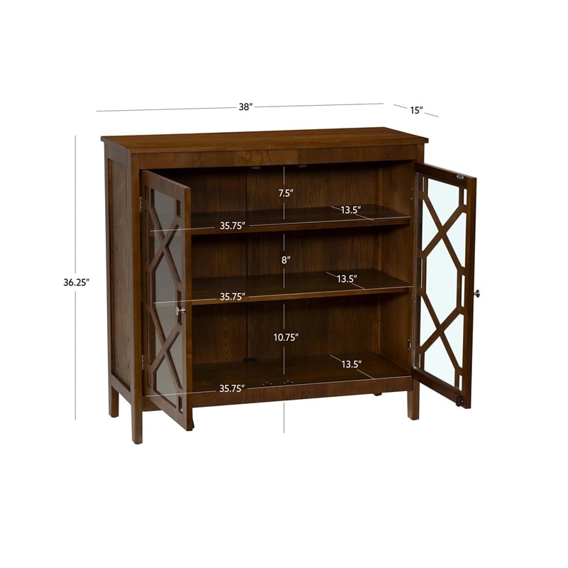 Linon Betty Large Storage Cabinet Decorative Glass Doors in Brown Stained Wood