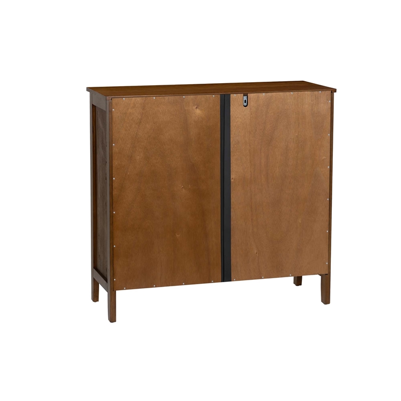 Linon Betty Large Storage Cabinet Decorative Glass Doors in Brown Stained Wood