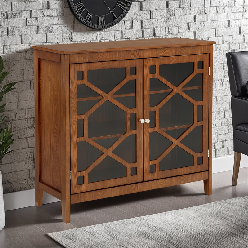 Linon Betty Large Storage Cabinet Decorative Glass Doors in Brown Stained Wood