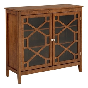 Linon Betty Large Storage Cabinet Decorative Glass Doors in Brown Stained Wood