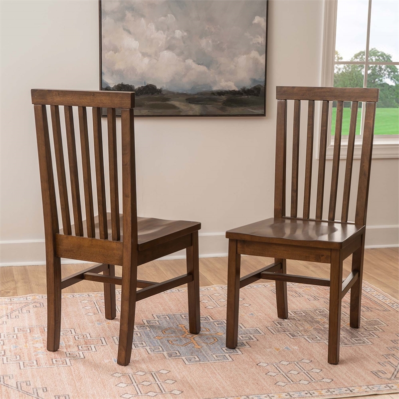 Linon Erwin Slat Back Wood Side Chairs Set of 2 in Walnut Glossy Lacquer Finish
