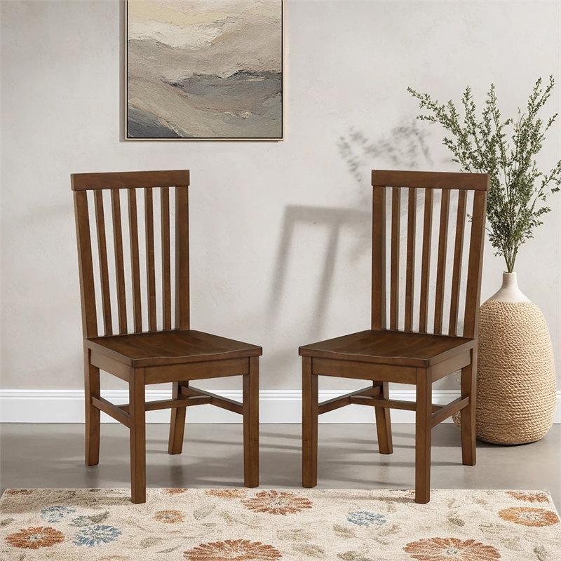 Linon Erwin Slat Back Wood Side Chairs Set of 2 in Walnut Glossy Lacquer Finish