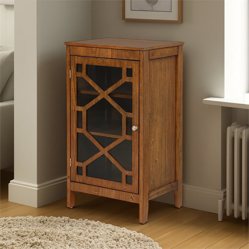 Linon Betty Small Storage Cabinet Decorative Glass Door in Brown Stained Wood