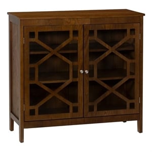 Linon Betty Small Storage Cabinet Decorative Glass Door in Brown Stained Wood