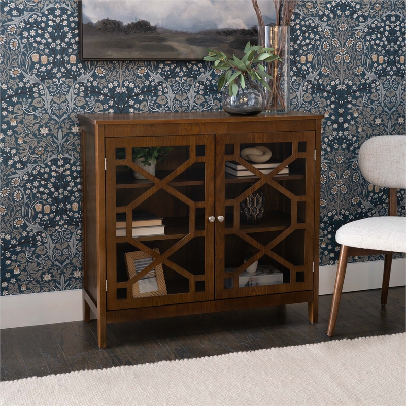 Linon Betty Small Storage Cabinet Decorative Glass Door in Brown Stained Wood