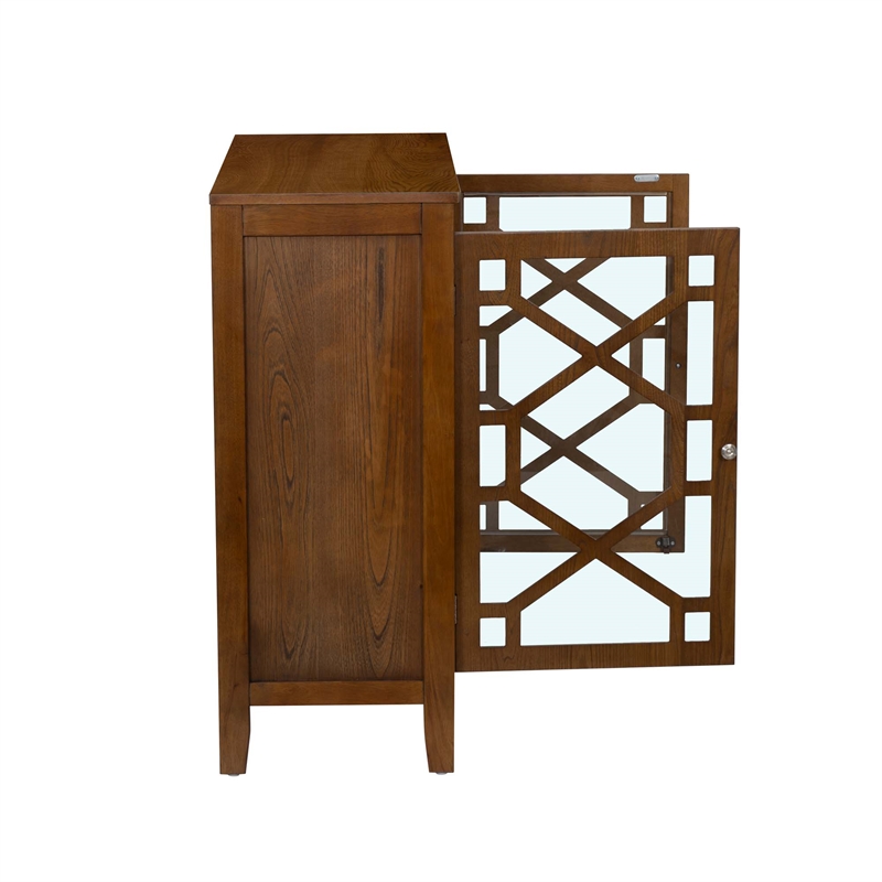 Linon Betty Small Storage Cabinet Decorative Glass Door in Brown Stained Wood