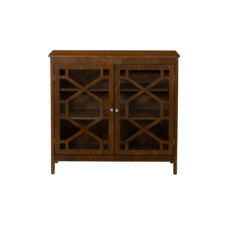Linon Betty Small Storage Cabinet Decorative Glass Door in Brown Stained Wood
