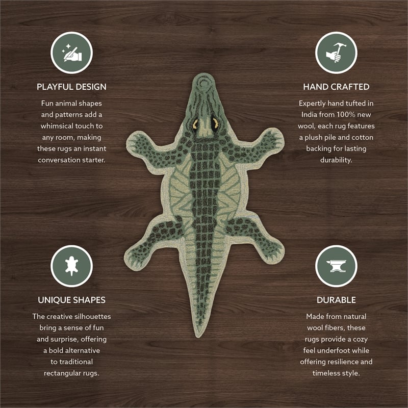 Linon 2' X 3' Jungle Crocodile Shaped Accent Rug in Green Wool