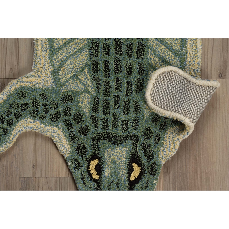 Linon 3' X 5' Jungle Crocodile Shaped Accent Rug in Green Wool