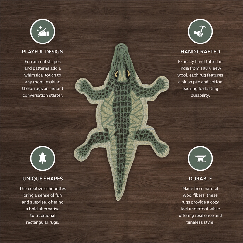 Linon 3' X 5' Jungle Crocodile Shaped Accent Rug in Green Wool