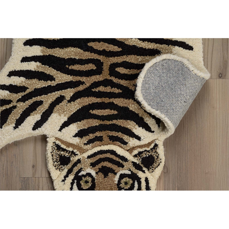 Linon 2' X 3' Jungle Tiger Shaped Accent Rug in Gold and Black Wool