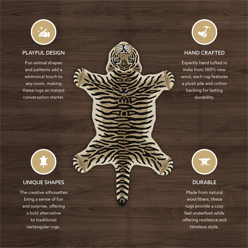 Linon 3' X 5' Jungle Tiger Shaped Accent Rug in Gold and Black Wool