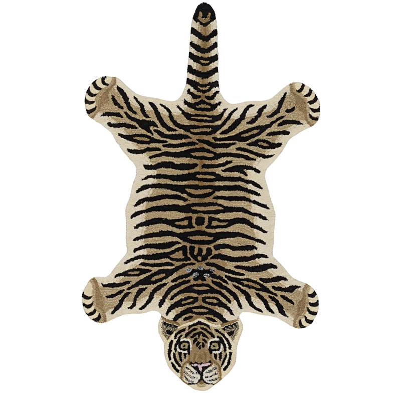 Linon 3' X 5' Jungle Tiger Shaped Accent Rug in Gold and Black Wool