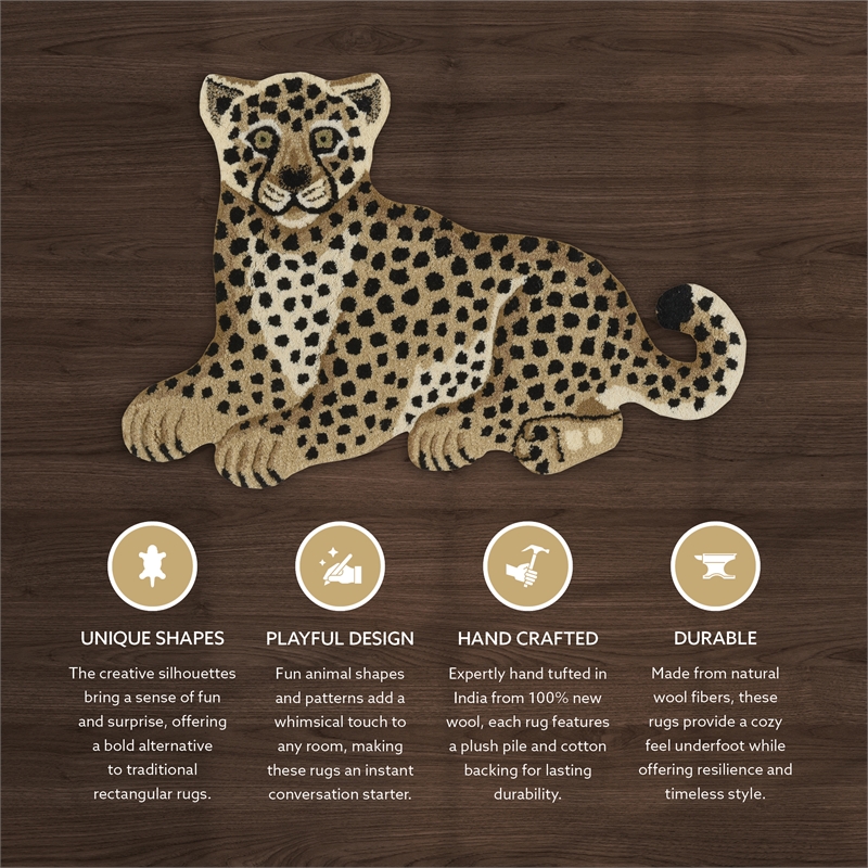 Linon 2' X 3' Jungle Sitting Cheetah Shaped Accent Rug in Gold and Black Wool