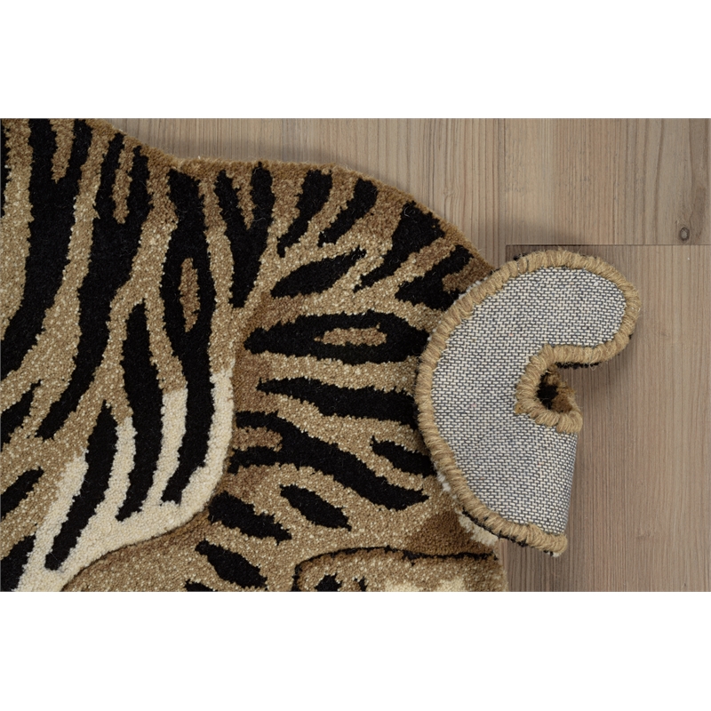 Linon 2' X 3' Jungle Sitting Tiger Shaped Accent Rug in Gold and Black Wool