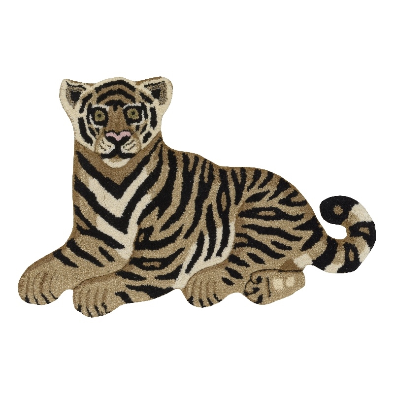 Linon 2' X 3' Jungle Sitting Tiger Shaped Accent Rug in Gold and Black Wool