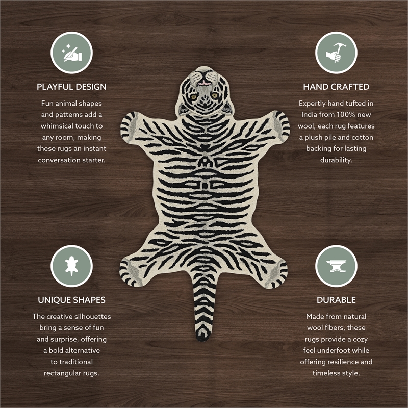 Linon 2' X 3' Jungle Tiger Shaped Accent Rug in White and Black Wool