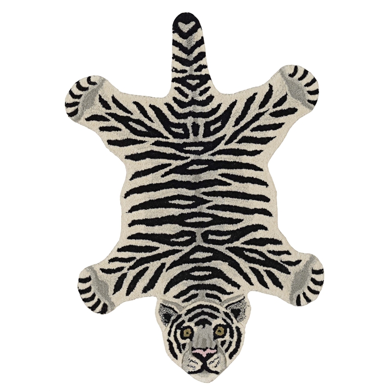Linon 2' X 3' Jungle Tiger Shaped Accent Rug in White and Black Wool