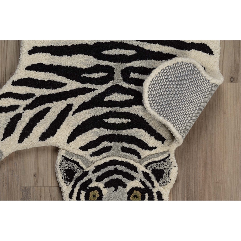 Linon 3' X 5' Jungle Tiger Shaped Accent Rug in White and Black Wool