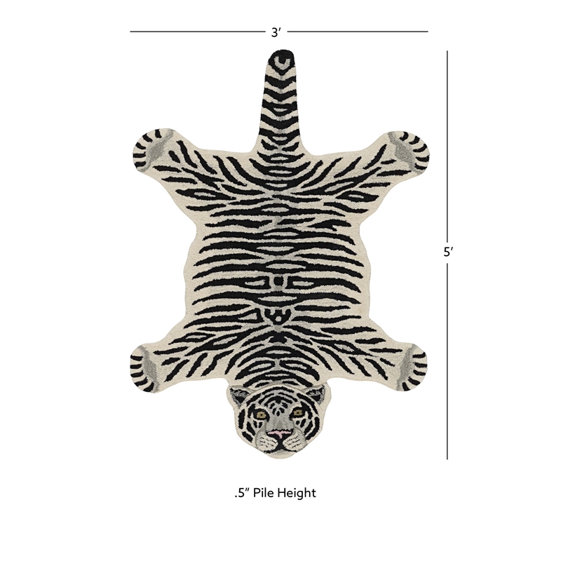 Linon 3' X 5' Jungle Tiger Shaped Accent Rug in White and Black Wool