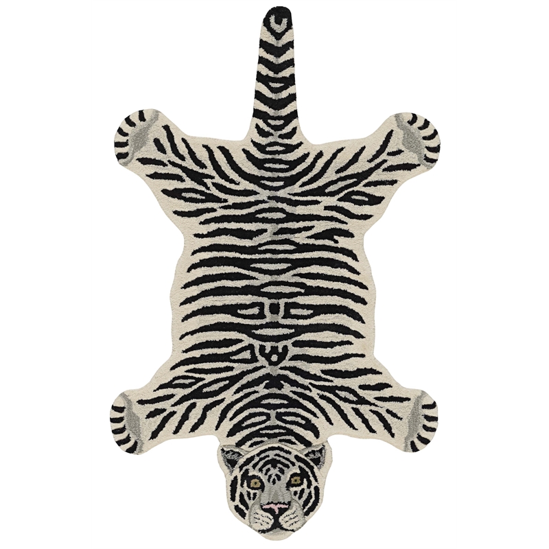 Linon 3' X 5' Jungle Tiger Shaped Accent Rug in White and Black Wool