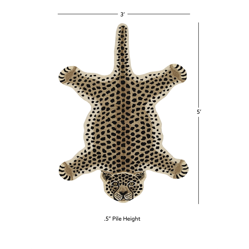 Linon 3' X 5' Jungle Cheetah Shaped Accent Rug in Gold and Black Wool