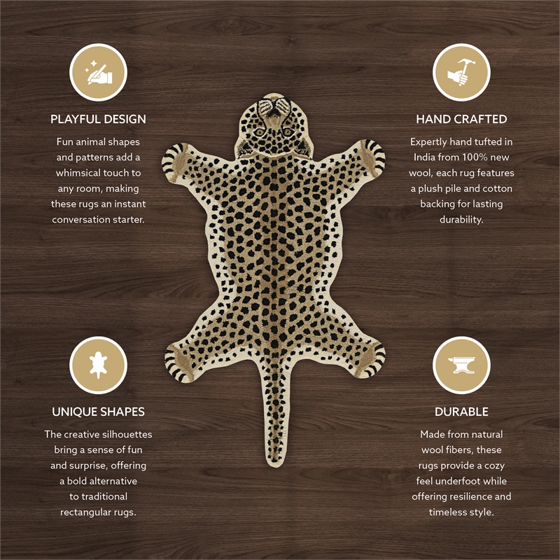 Linon 3' X 5' Jungle Cheetah Shaped Accent Rug in Gold and Black Wool