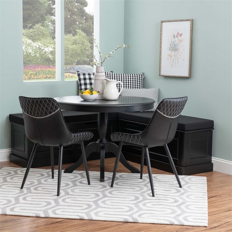 Linon Troyin 5 Pce Set Wood Nook/Round Table/2 Chairs/Cushion Set in Black
