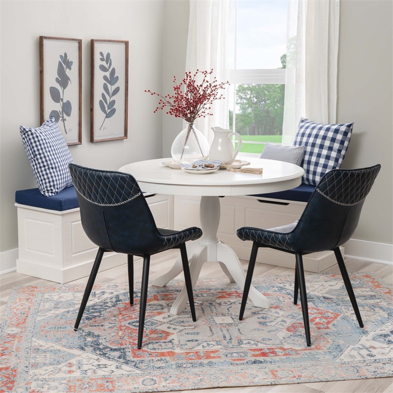 Linon Troyin 5 Pce Set White Wood Nook/Table/2 Padded Chairs/Cushion Set in Blue