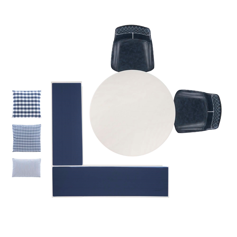 Linon Troyin 5 Pce Set White Wood Nook/Table/2 Padded Chairs/Cushion Set in Blue