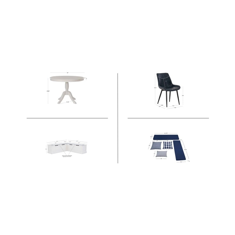 Linon Troyin 5 Pce Set White Wood Nook/Table/2 Padded Chairs/Cushion Set in Blue