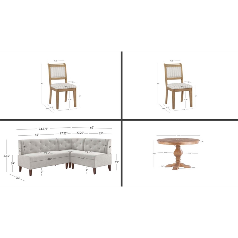 Linon Hale 4 Pce Set Upholstered Gray Nook/Round Table/2 Chairs in Natural Wood