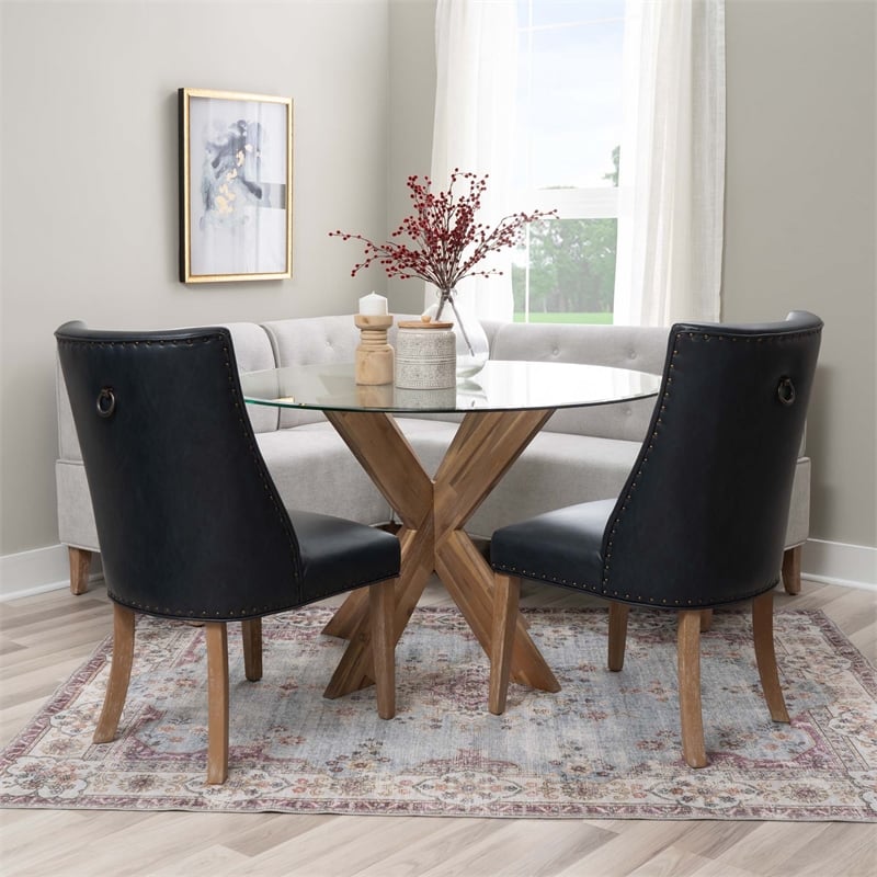 Linon Hale 4 Pce Set Upholstered Gray Nook Round Table 2 Padded Chairs in Navy