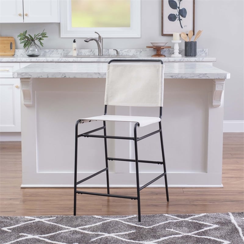 Linon Willey Counter Stool Cream Twill Fabric Sling Seat Steel Frame in Black