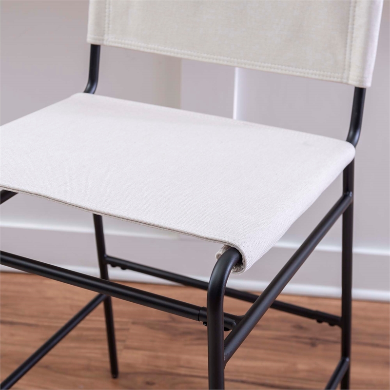 Linon Willey Counter Stool Cream Twill Fabric Sling Seat Steel Frame in Black
