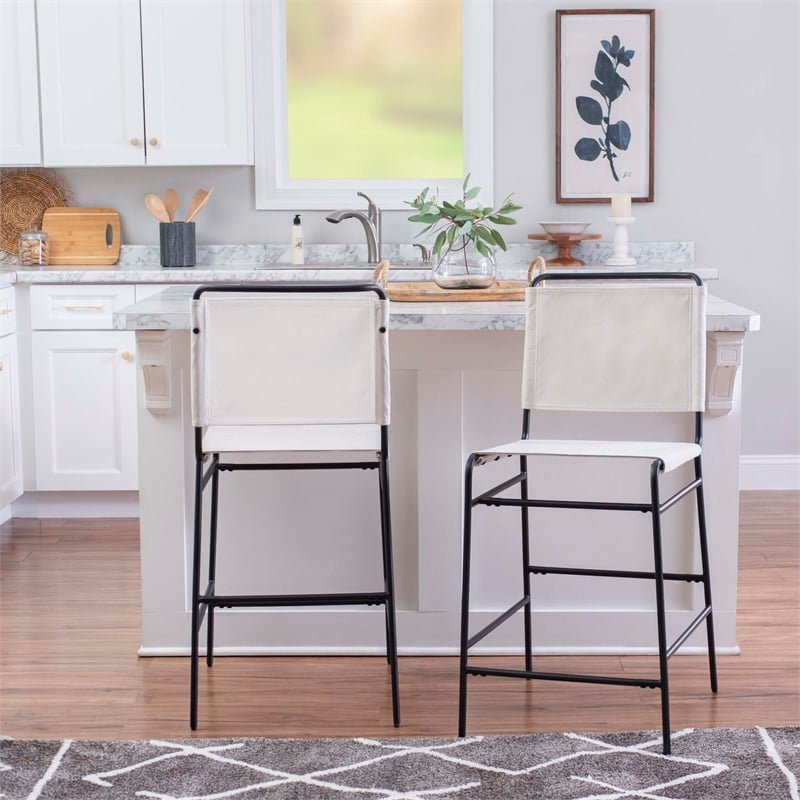 Linon Willey Counter Stool Cream Twill Fabric Sling Seat Steel Frame in Black
