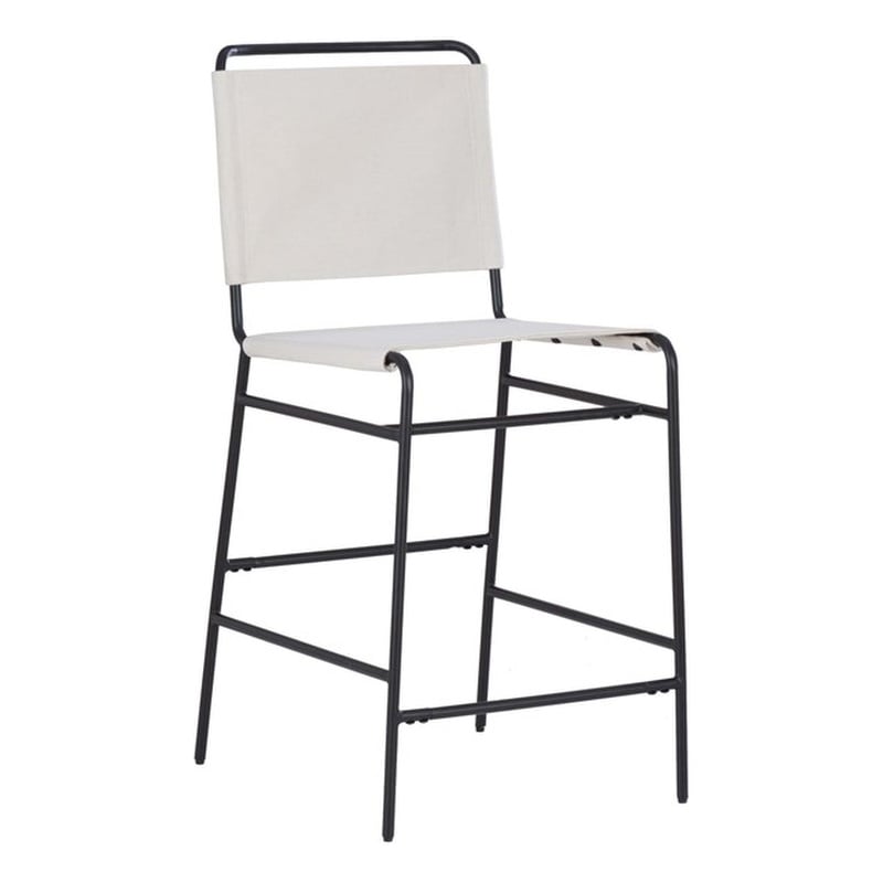 Linon Willey Counter Stool Cream Twill Fabric Sling Seat Steel Frame in Black