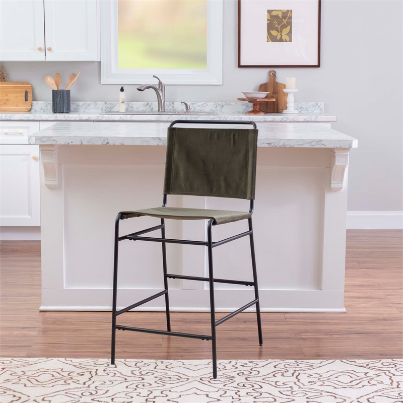 Linon Willey Counter Stool Forest Green Velvet Sling Seat Steel Frame in Black