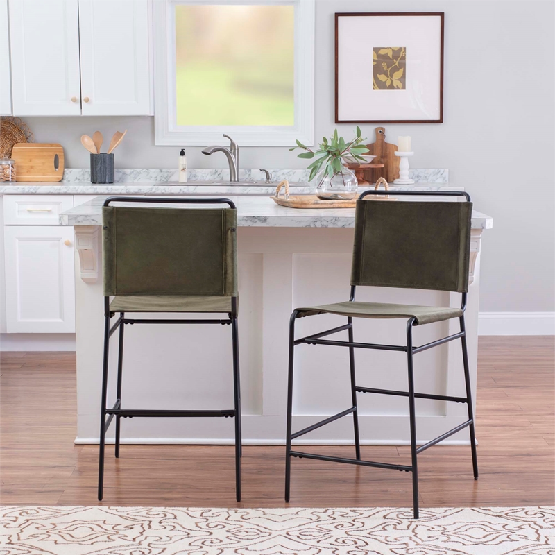 Linon Willey Counter Stool Forest Green Velvet Sling Seat Steel Frame in Black
